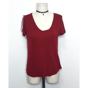 Burgundy Pocket Tee w/ Striped Sleeves